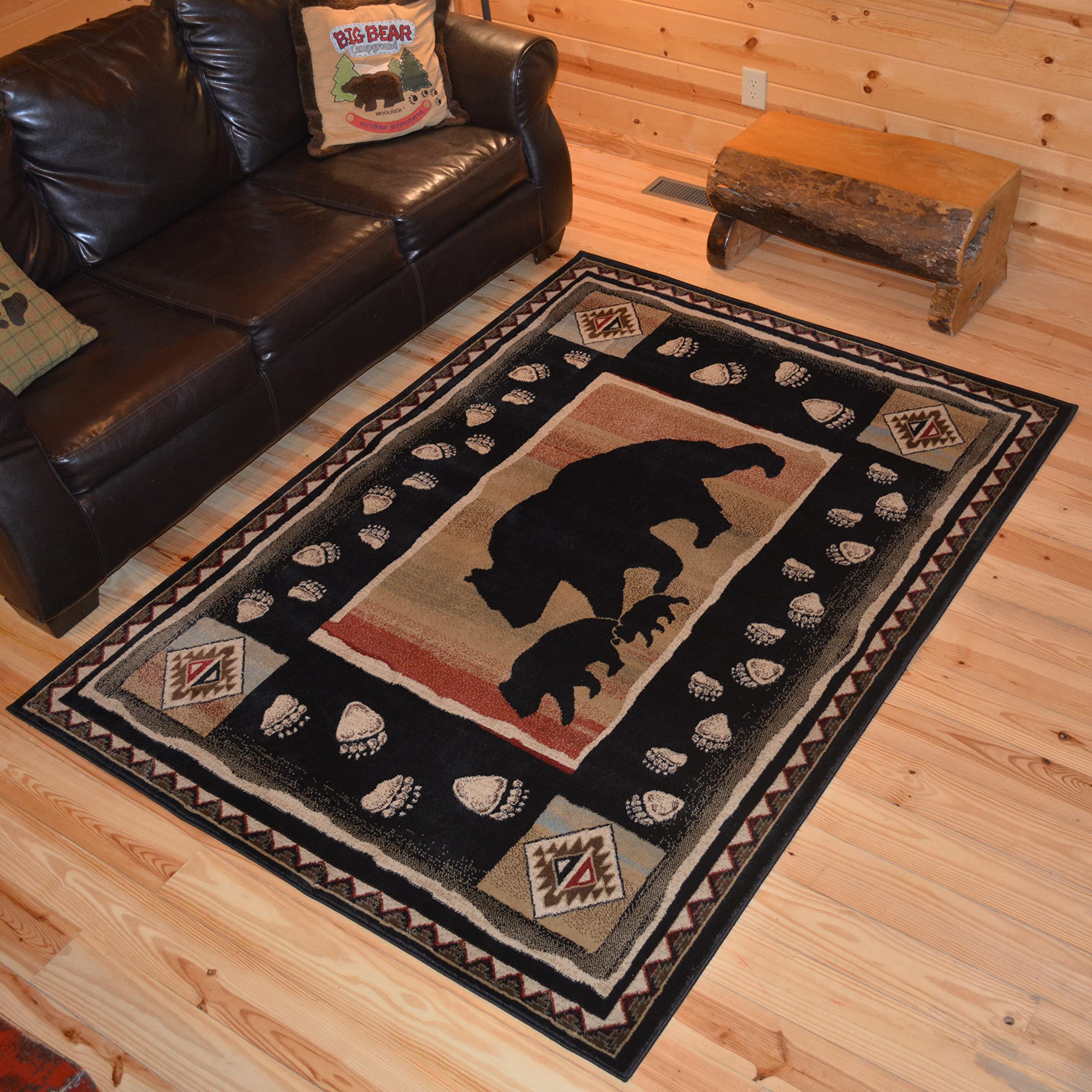 Rug Empire Take the Lead Rustic Lodge Area Rug, Black Bear, Round