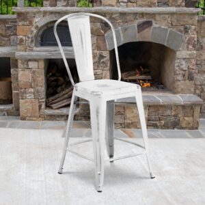 Flash Furniture Blake Commercial Grade 4 Pack 24" High Distressed White Metal Indoor-Outdoor Counter Height Stool with Back