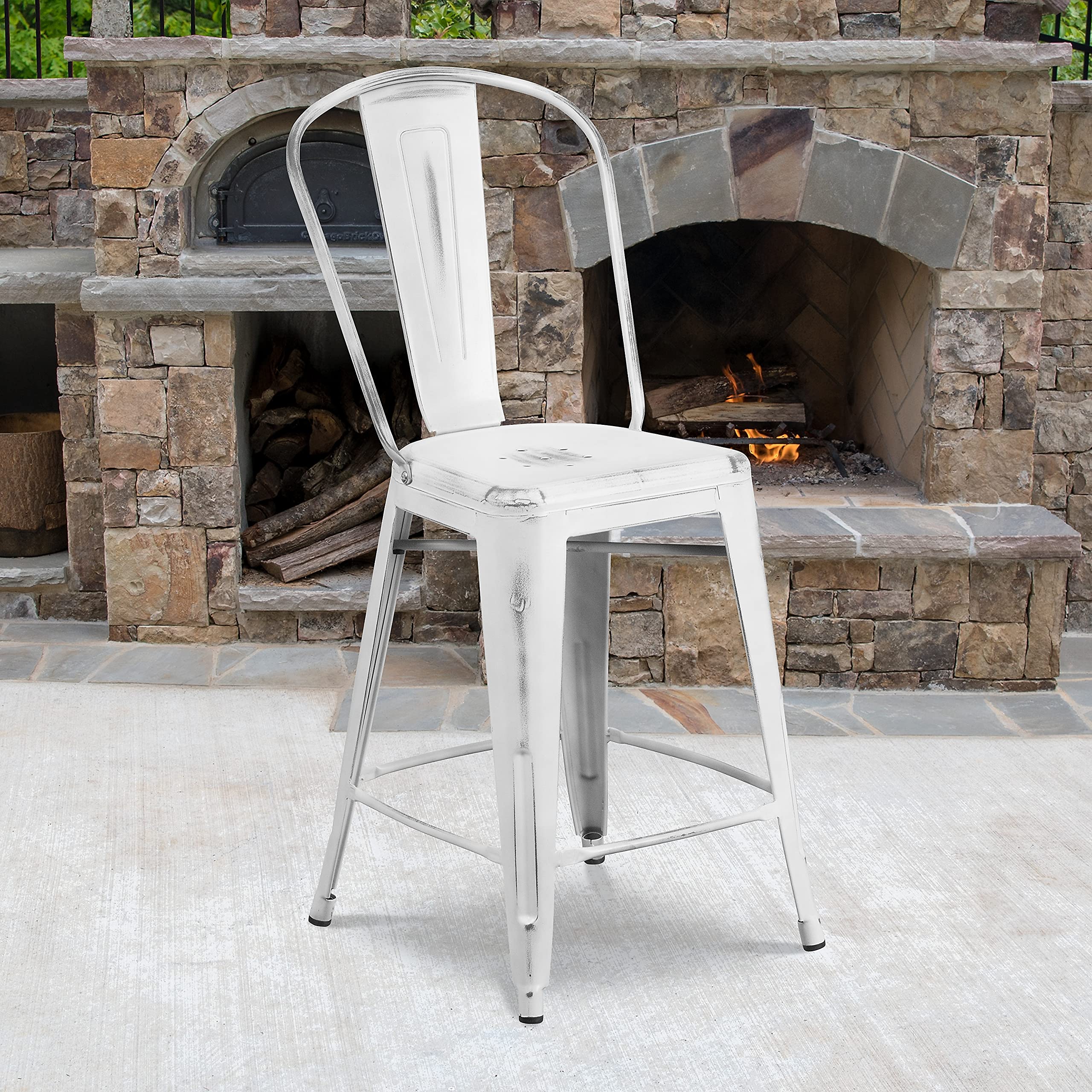 Flash Furniture Blake Commercial Grade 4 Pack 24" High Distressed White Metal Indoor-Outdoor Counter Height Stool with Back