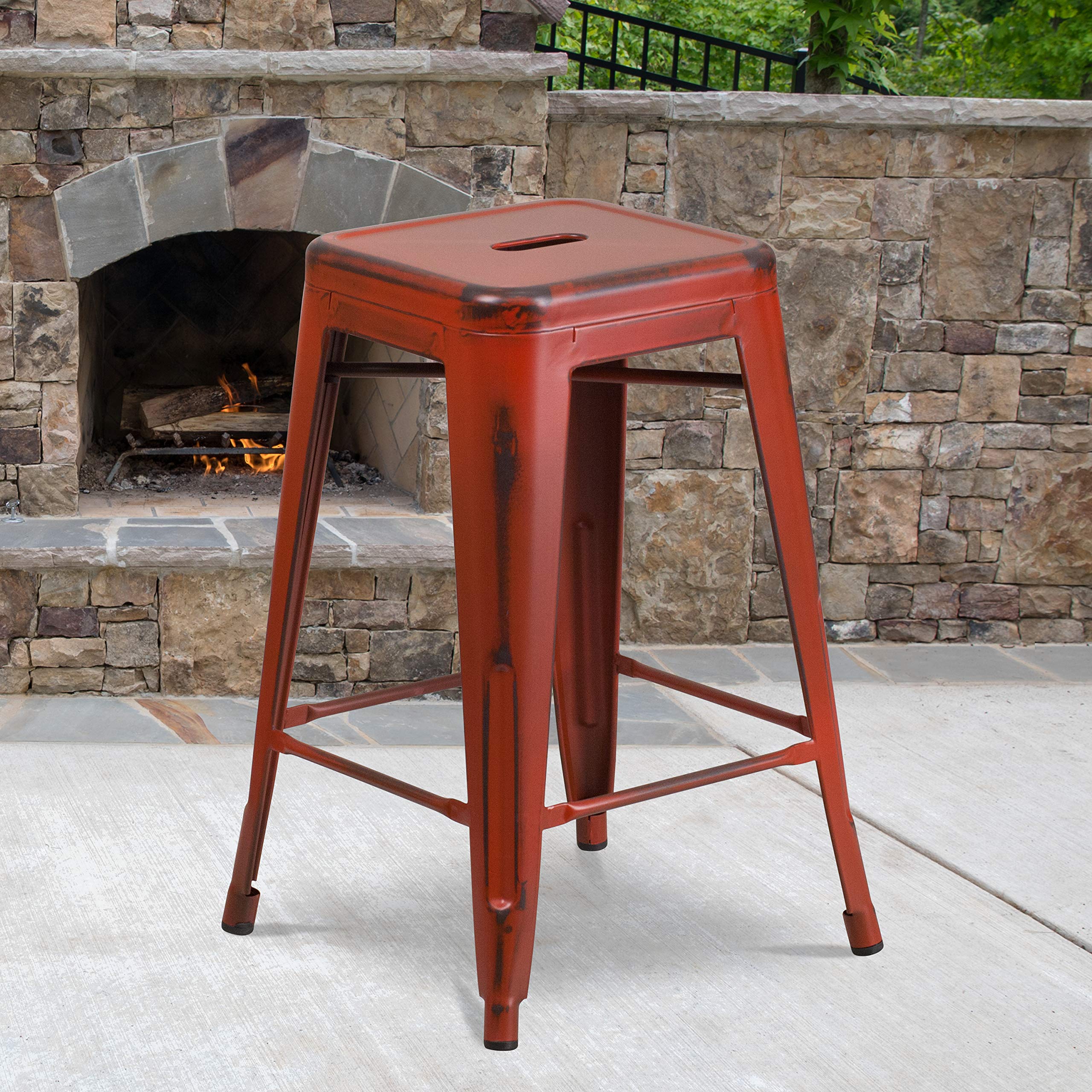 Flash Furniture Commercial Grade 24" High Backless Distressed Kelly Red Metal Indoor-Outdoor Counter Height Stool