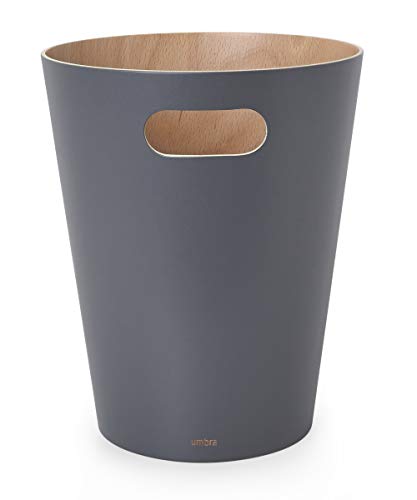 Umbra Woodrow, 2 Gallon Modern Wooden Trash Can Wastebasket or Recycling Bin for Home or Office, Dark Gray