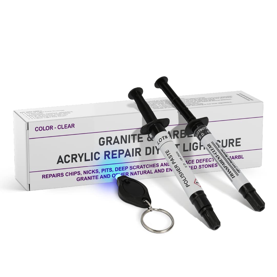 Granite, Marble, Quartz & Acrylic Repair Kit (Clear/Transparent) - Suitable for Most Repairs I Also for Tile, Countertop, Fiberglass & Ceramic Surfaces I Fix Broken Chips & Cracks in Minutes