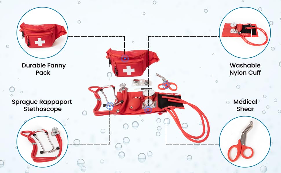 Primacare KB-9181 Professional Series Blood Pressure kit with Sprague Rappaport Stethoscope, Fanny Pack Aneroid Combo for Medical Emergencies and First Aid Purposes, Red, 8x2x6 inches