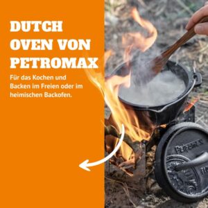 Petromax Cast Iron Dutch Oven for Cooking or Baking Outdoors Over a Campfire or in The Home Kitchen, Pre-Seasoned Cookware Conducts Heat Evenly, 3 Legs, 1 Quart