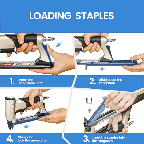 meite MT5016S Upholstery Stapler 20 Gauge 1/2-Inch Crown 1/4-Inch to 5/8-Inch Length Pneumatic Fine Wire Stapler with Safety