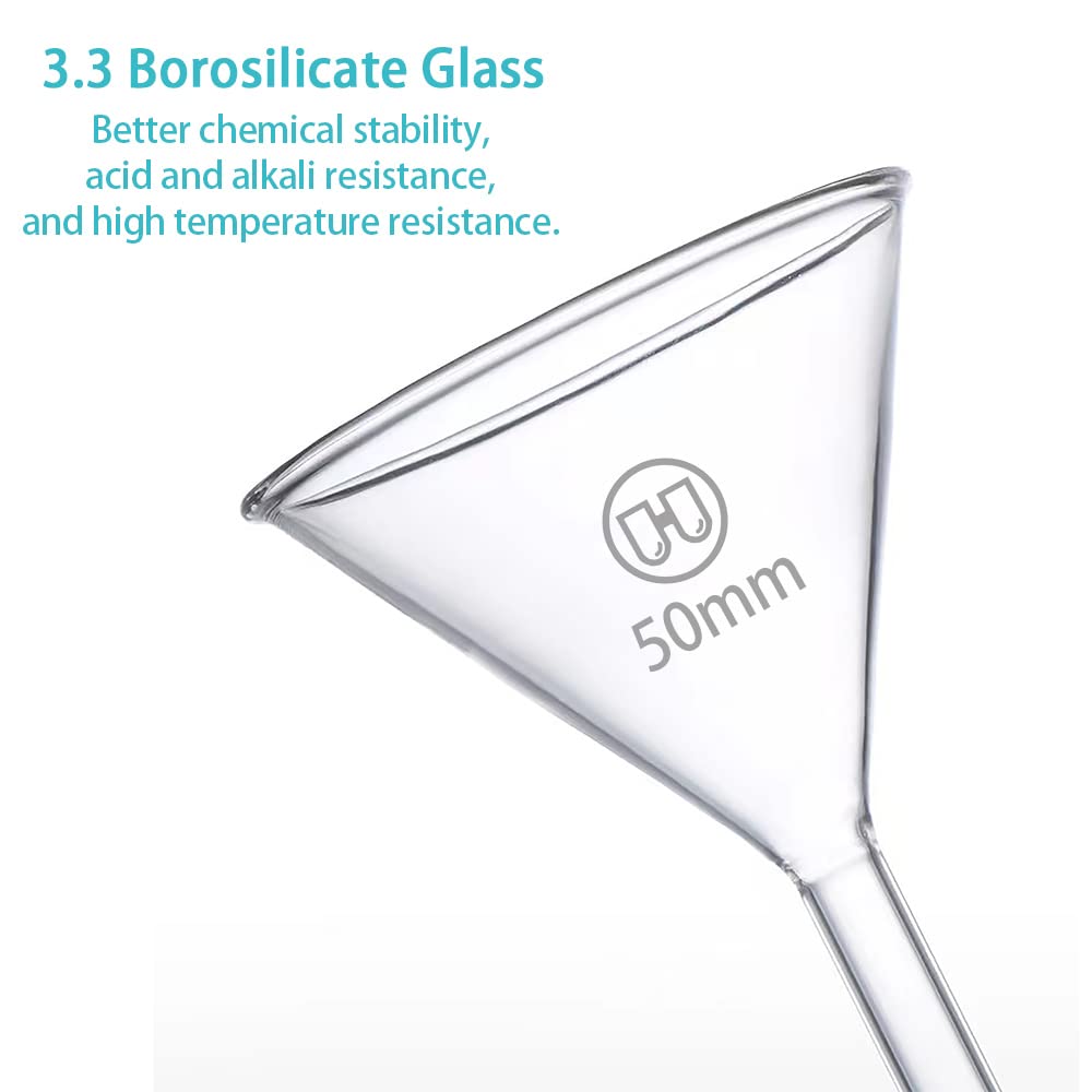 50mm Short Stem Glass Funnel 3.3 Borosilicate Glass Funnel for Science Labs and Home Kitchen Use, HUAOU, Pack of 1