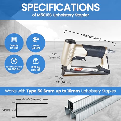 meite MT5016S Upholstery Stapler 20 Gauge 1/2-Inch Crown 1/4-Inch to 5/8-Inch Length Pneumatic Fine Wire Stapler with Safety