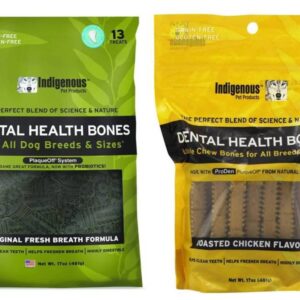 Indigenous Grain Free Dental Health Bones 2 Flavor Variety Bundle: (1) Original Fresh Breath Formula, and (1) Roasted Chicken Flavor, 17 Oz. Ea.