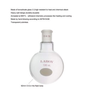 Laboy Glass 100mL Single Neck Round Bottom Boiling Flask Heavy Wall with 14/20 Joint Heating Reaction Receiving Flask Organic Chemistry Lab Glassware