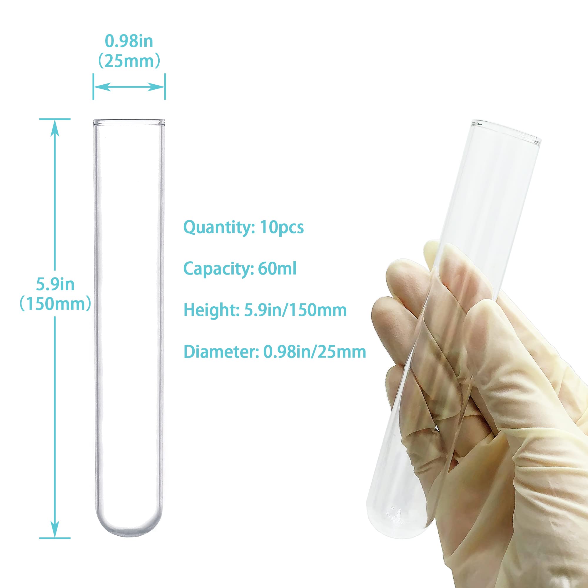 HUAOU 10pcs 60ml Glass Test Tubes, 25x150mm 3.3 Borosilicate Glass Test Tubes for Scientific Experiments, Party and Home Decorations, Candy Storage and Plant Propagation