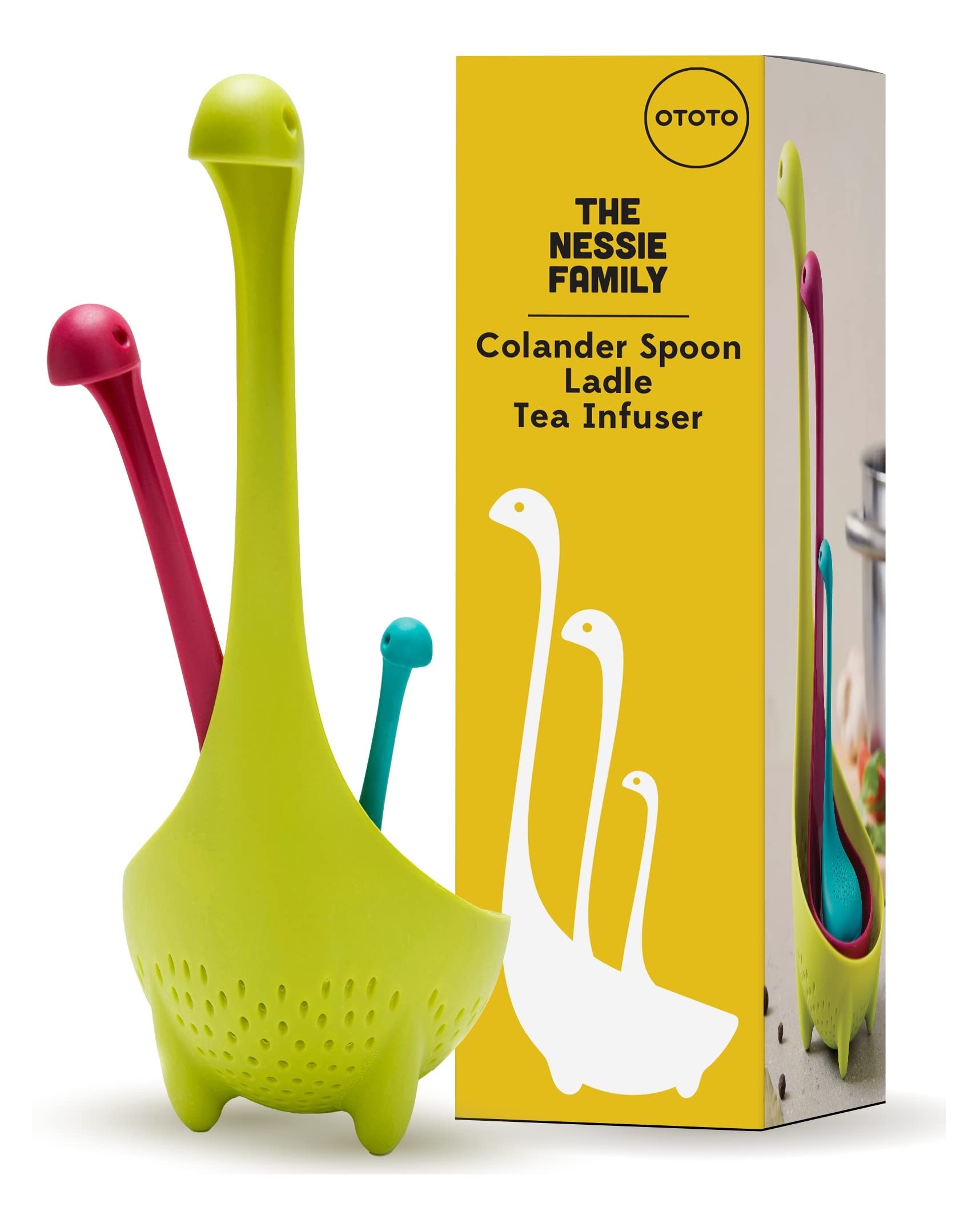 The Nessie Family by OTOTO - Pack of 3 Tea Infuser, Soup Ladle, and Colander - Cute Kitchen Accessories, Cooking Gifts, Funny Kitchen Gadgets, Kitchen Gifts