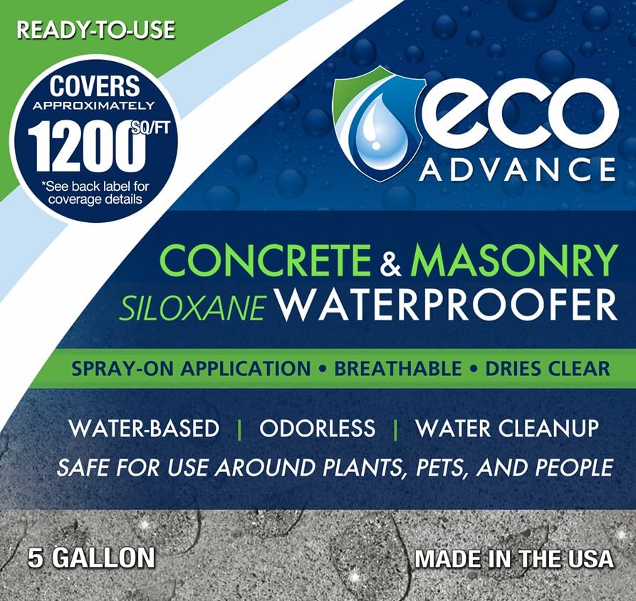 Eco Advance Concrete/Masonry Siloxane Odorless Spray-On Application Waterproofer, Safe for Use Around Plants, Pets, and People, 5 Gallon