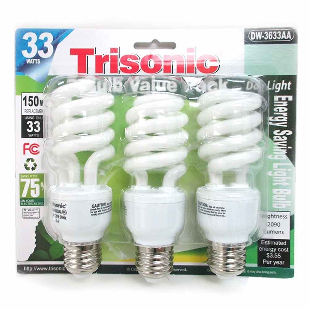 3 Pack Daylight Bulb Light 33 W Energy 150 Watt Output White Compact Fluorescent Light Bulb Spiral Day Light Cool White, 33W (150 Watt Equivalent), 2090 Lumens, E26 Medium Base, 120V, 60 HZ (Pack of