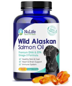 pure wild alaskan salmon oil for dogs, omega 3 fish oil supplement for healthy skin & shiny coat, prevents itchy skin, skin allergies & shedding, 120 soft capsules