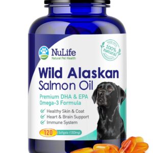 Pure Wild Alaskan Salmon Oil for Dogs, Omega 3 Fish Oil Supplement for Healthy Skin & Shiny Coat, Prevents Itchy Skin, Skin Allergies & Shedding, 120 Soft Capsules