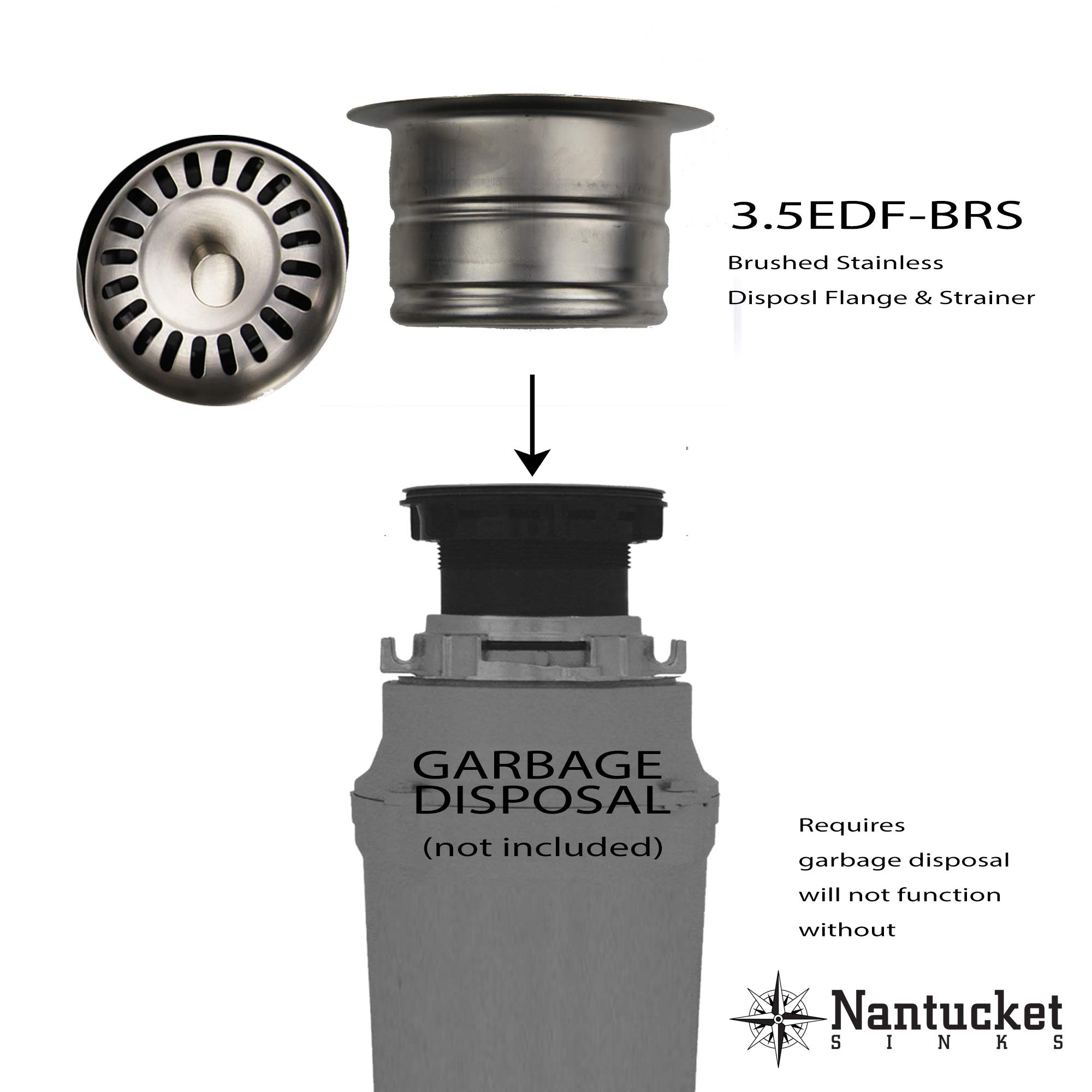 Nantucket Sinks 3.5EDF-BRS Extended Flange Disposal Kitchen Drain, 3.5", Brushed Stainless