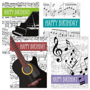 music birthday greeting cards - set of 8 (4 designs), large 5" x 7", happy birthday cards with sentiments inside