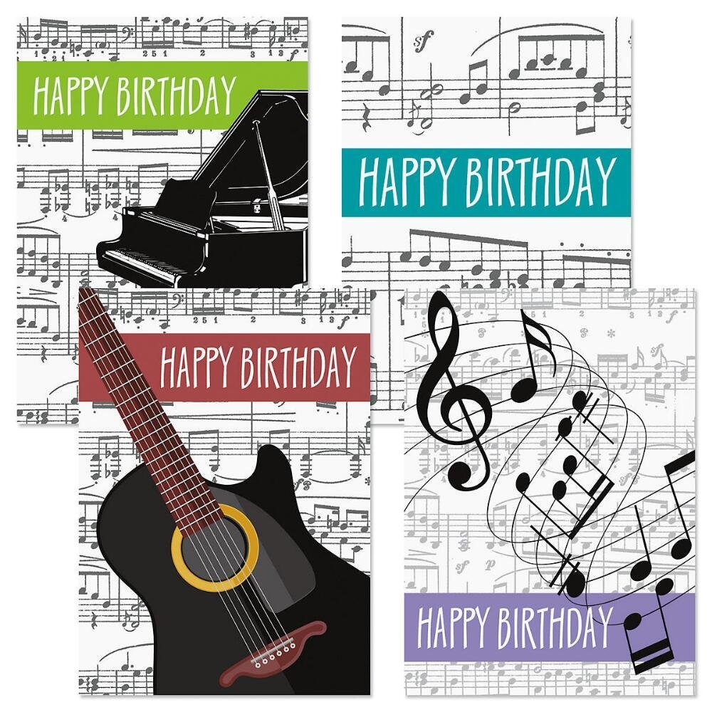 Music Birthday Greeting Cards - Set of 8 (4 designs), Large 5" x 7", Happy Birthday Cards with Sentiments Inside