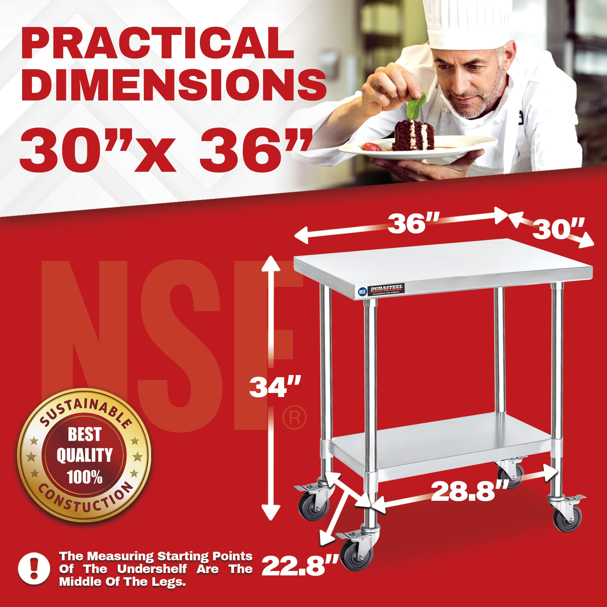 DuraSteel Food Prep Stainless Steel Table - 30 x 36 Inch Metal Table Cart - Commercial Workbench with Caster Wheel - NSF Certified - For Restaurant, Warehouse, Home, Kitchen, Garage