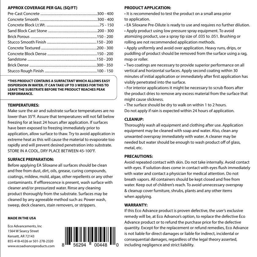 Eco Advance Concrete/Masonry Siloxane Odorless Spray-On Application Waterproofer, Safe for Use Around Plants, Pets, and People, 5 Gallon