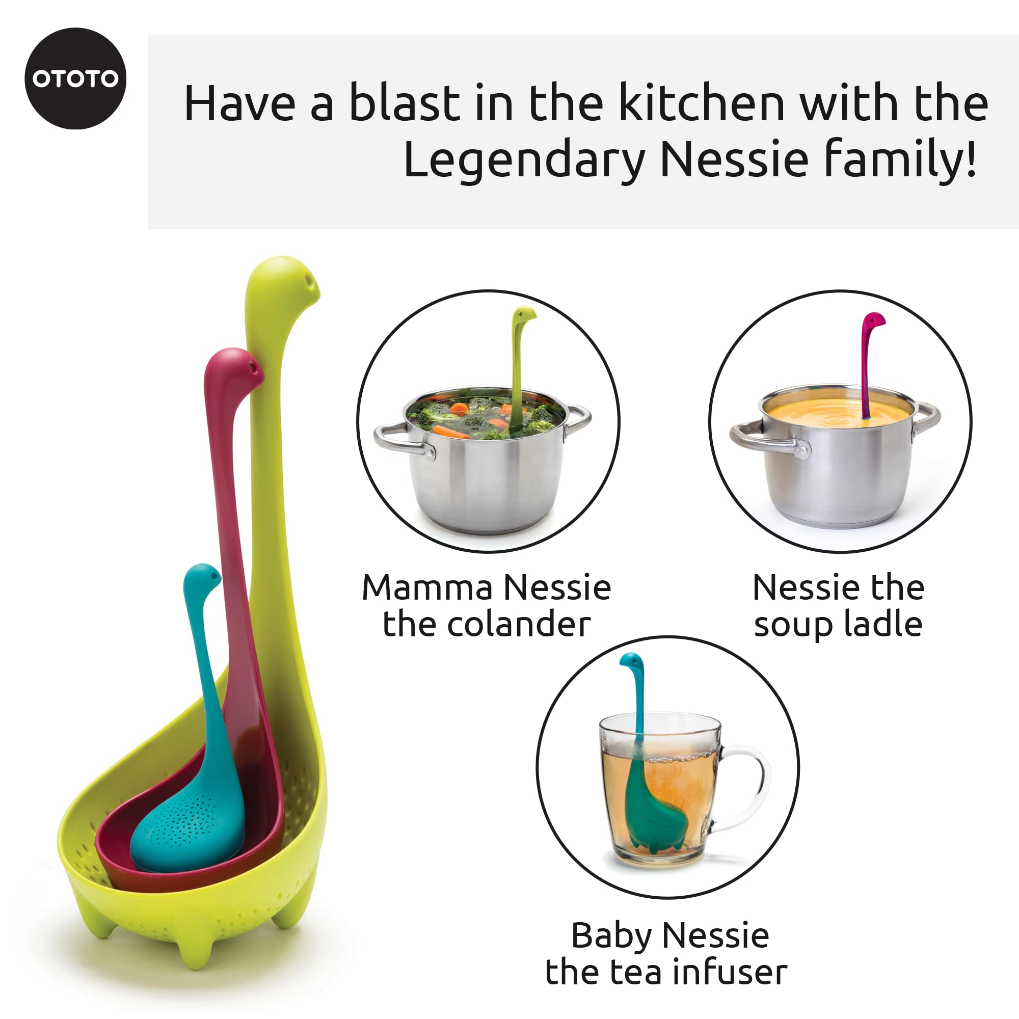 The Nessie Family by OTOTO - Pack of 3 Tea Infuser, Soup Ladle, and Colander - Cute Kitchen Accessories, Cooking Gifts, Funny Kitchen Gadgets, Kitchen Gifts