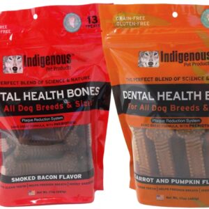 Indigenous Grain Free Dental Health Bones 2 Flavor Variety Bundle: (1) Smoked Bacon Flavor, and (1) Carrot & Pumpkin Flavor, 17 Oz. Ea.