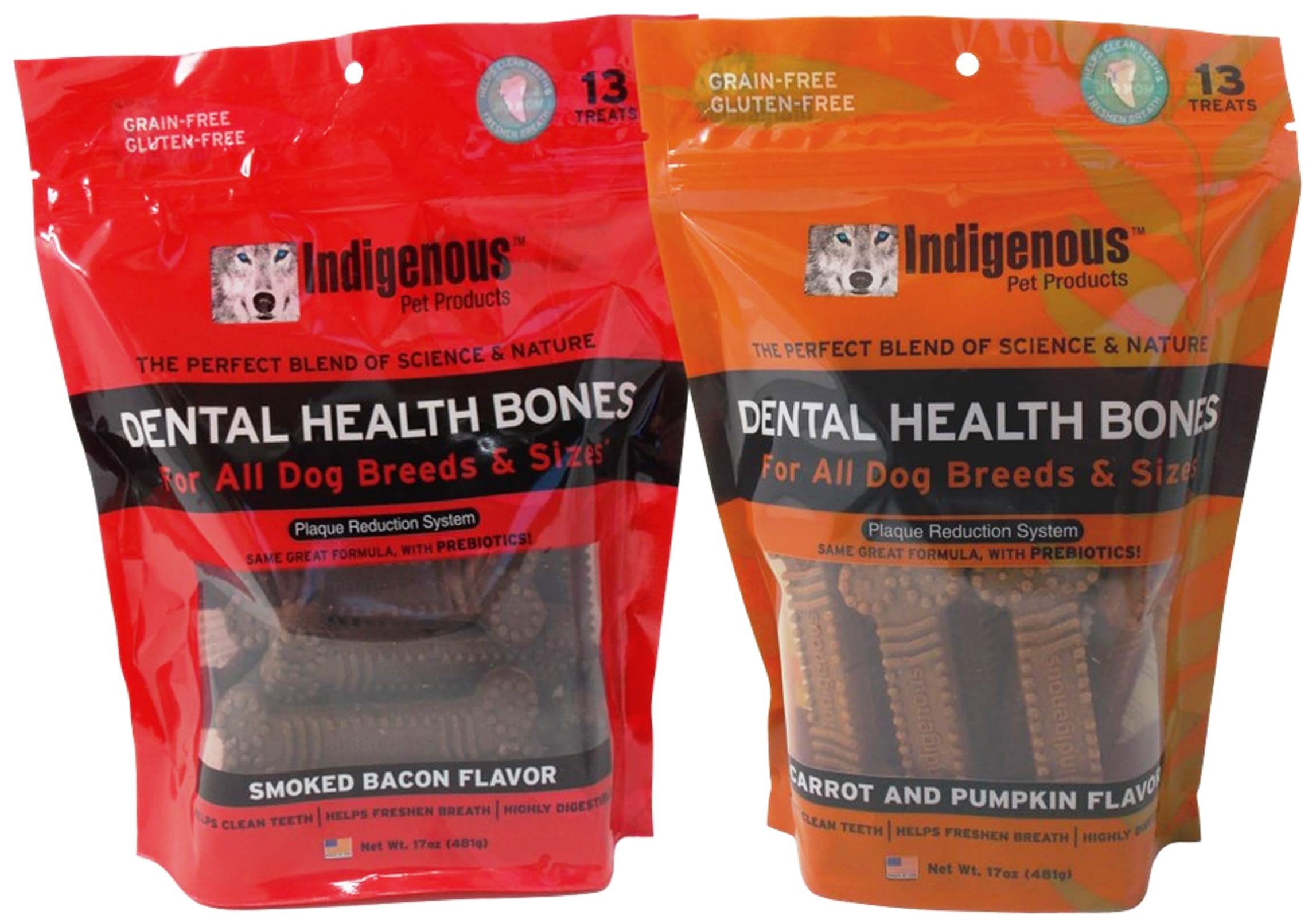 Indigenous Grain Free Dental Health Bones 2 Flavor Variety Bundle: (1) Smoked Bacon Flavor, and (1) Carrot & Pumpkin Flavor, 17 Oz. Ea.