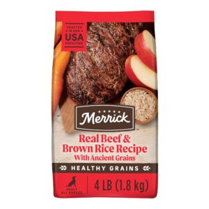 merrick healthy grains premium adult dry dog food, wholesome and natural kibble with beef and brown rice - 4.0 lb. bag