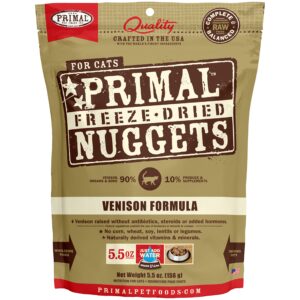 primal freeze dried raw cat food nuggets venison, complete & balanced meal or topper, premium, healthy, grain free, high protein raw cat food with probiotics (5.5 oz)