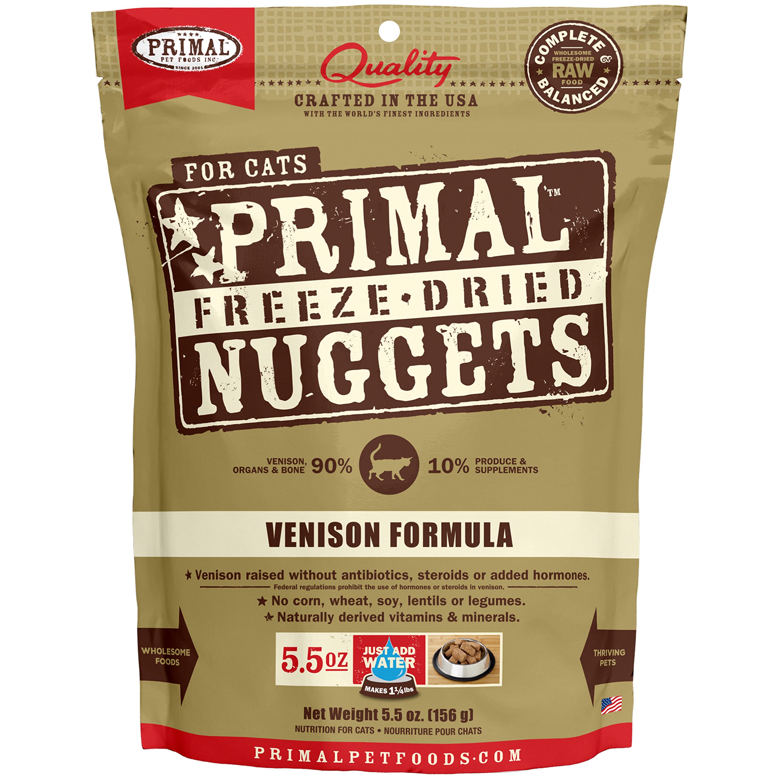 Primal Freeze Dried Raw Cat Food Nuggets Venison, Complete & Balanced Meal or Topper, Premium, Healthy, Grain Free, High Protein Raw Cat Food with Probiotics (5.5 oz)