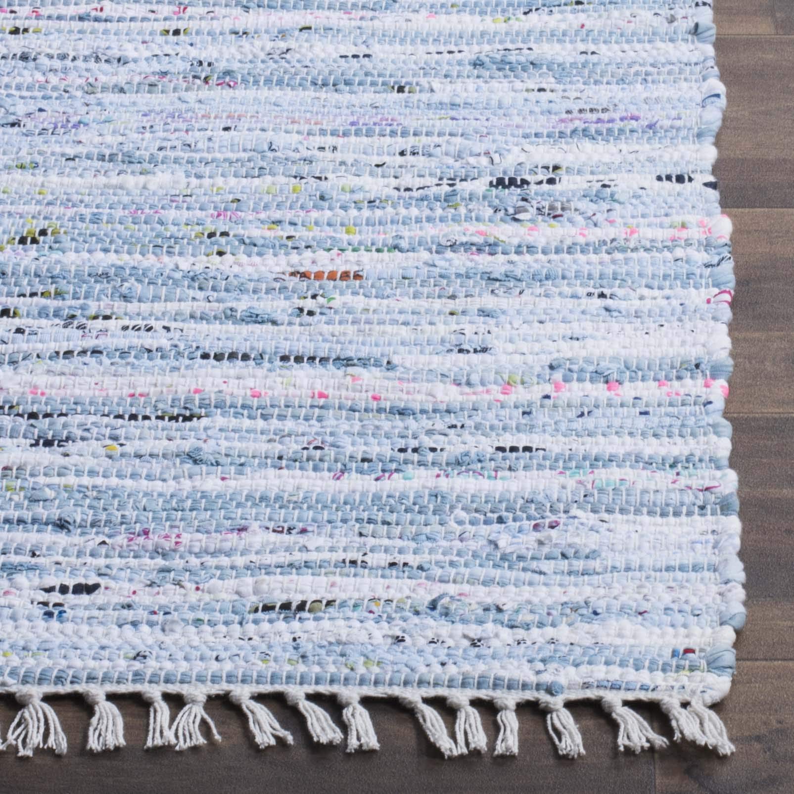 SAFAVIEH Rag Rug Collection Accent Rug - 2' x 3', Light Blue & Multi, Handmade Boho Stripe Cotton, Ideal for High Traffic Areas in Entryway, Living Room, Bedroom (RAR125A)