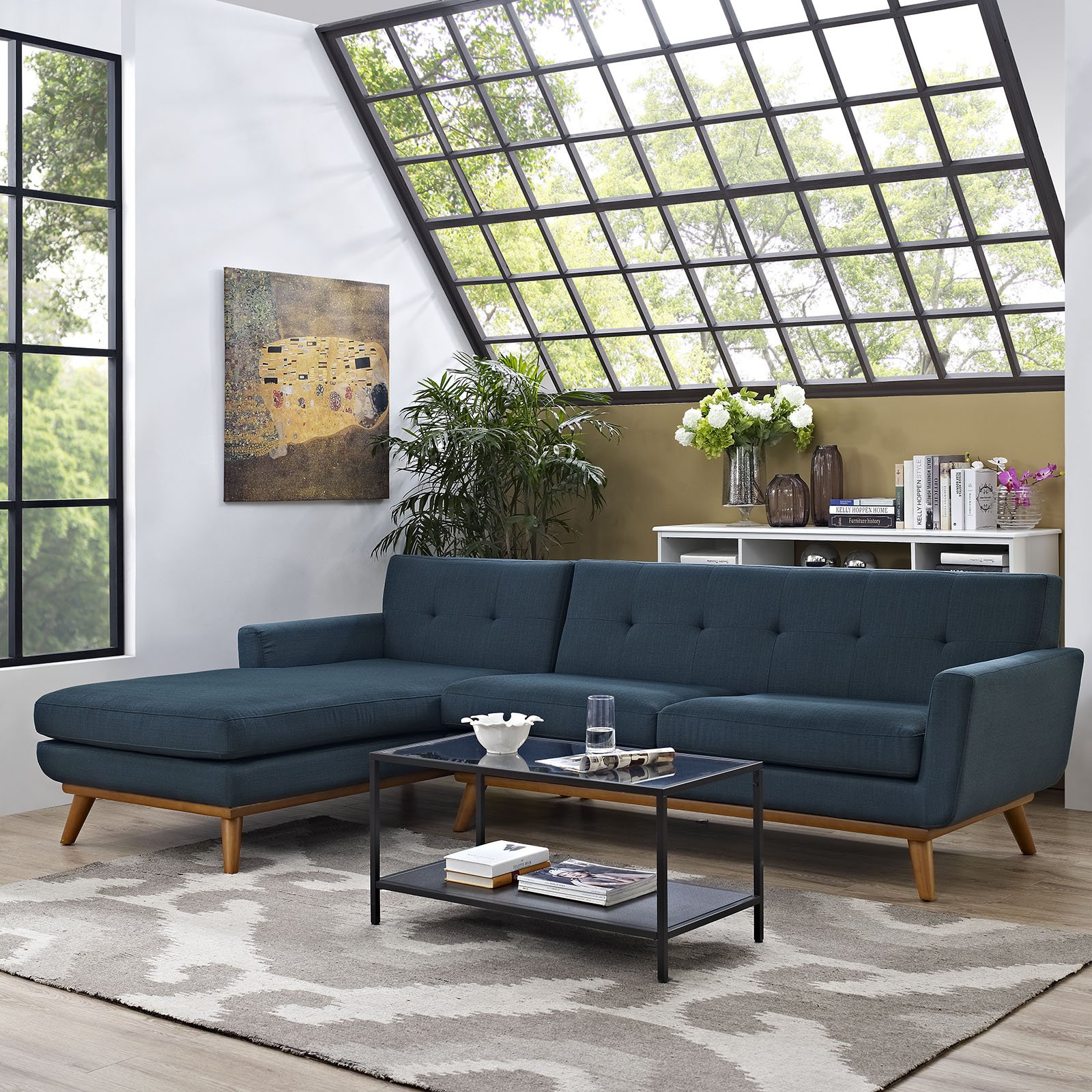 Modway Engage Mid-Century Modern Upholstered Fabric Left-Facing Sectional Sofa in Azure