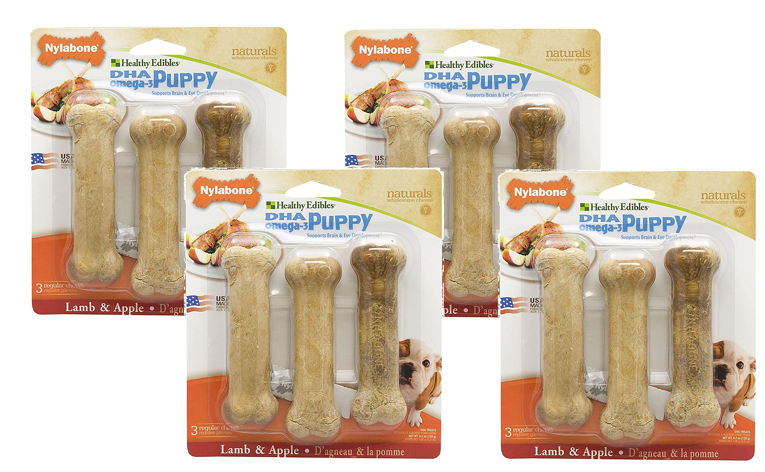 Nylabone 12-Count Healthy Edibles Lamb and Apple Flavored Puppy Dog Treat Bones, Size Regular - (4 Packs with 3 per Pack)