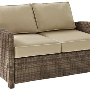 Crosley Furniture Bradenton 5-Piece Outdoor Loveseat Patio Furniture Set, Wicker Conversation Sets for Porch, Brown with Sand Cushions