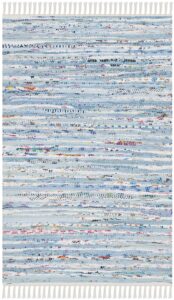 safavieh rag rug collection accent rug - 2' x 3', light blue & multi, handmade boho stripe cotton, ideal for high traffic areas in entryway, living room, bedroom (rar125a)