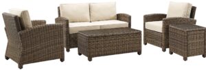 crosley furniture bradenton 5-piece outdoor loveseat patio furniture set, wicker conversation sets for porch, brown with sand cushions