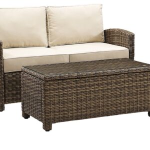 Crosley Furniture Bradenton 5-Piece Outdoor Loveseat Patio Furniture Set, Wicker Conversation Sets for Porch, Brown with Sand Cushions