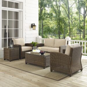 Crosley Furniture Bradenton 5-Piece Outdoor Loveseat Patio Furniture Set, Wicker Conversation Sets for Porch, Brown with Sand Cushions