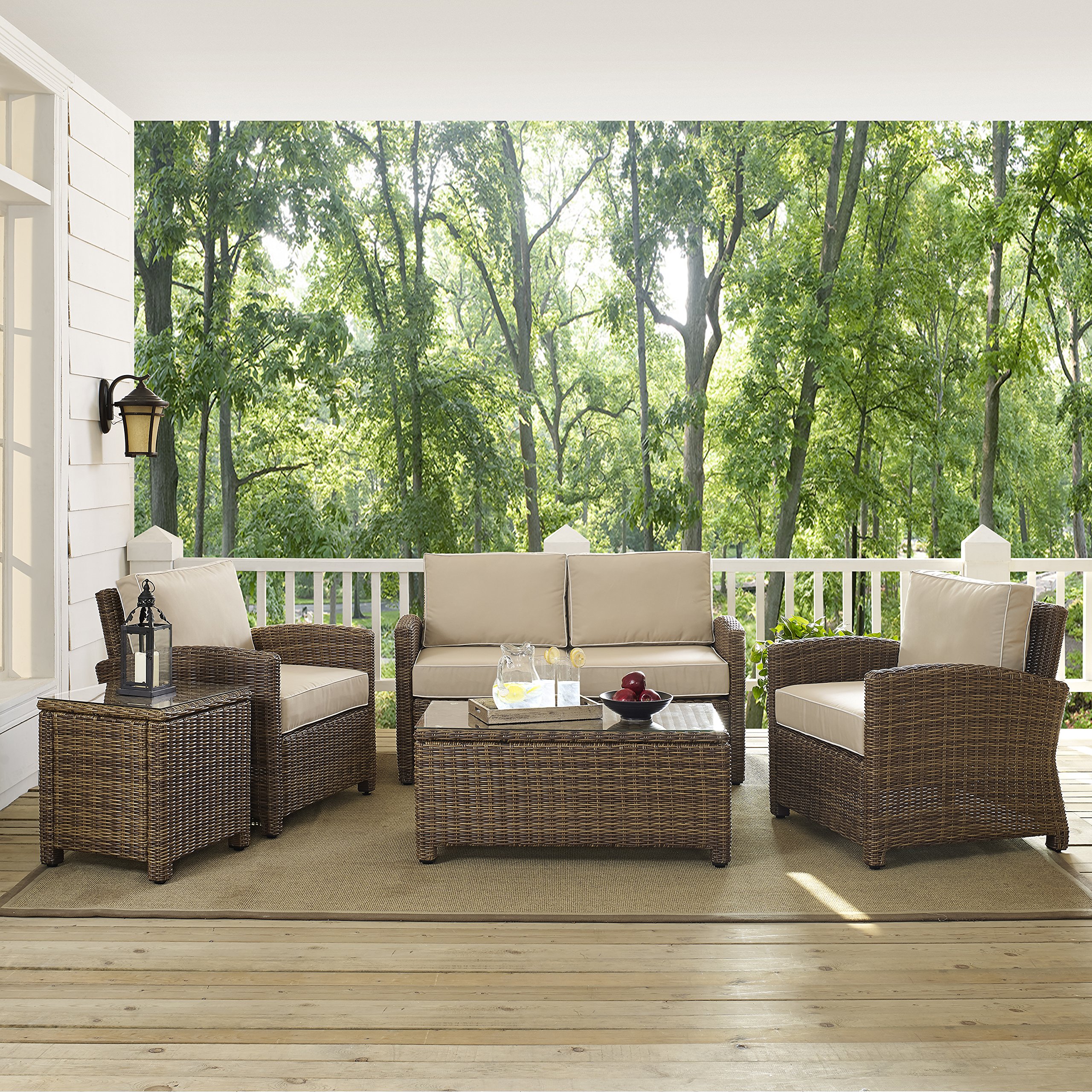 Crosley Furniture Bradenton 5-Piece Outdoor Loveseat Patio Furniture Set, Wicker Conversation Sets for Porch, Brown with Sand Cushions