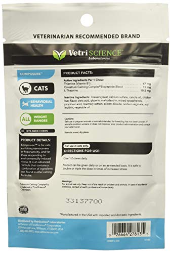 (4 Packages) VetriScience Laboratories - Composure Feline, 120 Bite-Sized Chews Total (30 Per Pack)