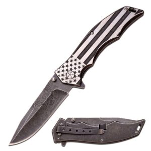 mtech usa xtreme – spring assisted folding knife – stonewashed finish fine edge blade w/ proud american eagle etching, two-tone american flag stainless steel handle, edc, tactical – mx-a849ae