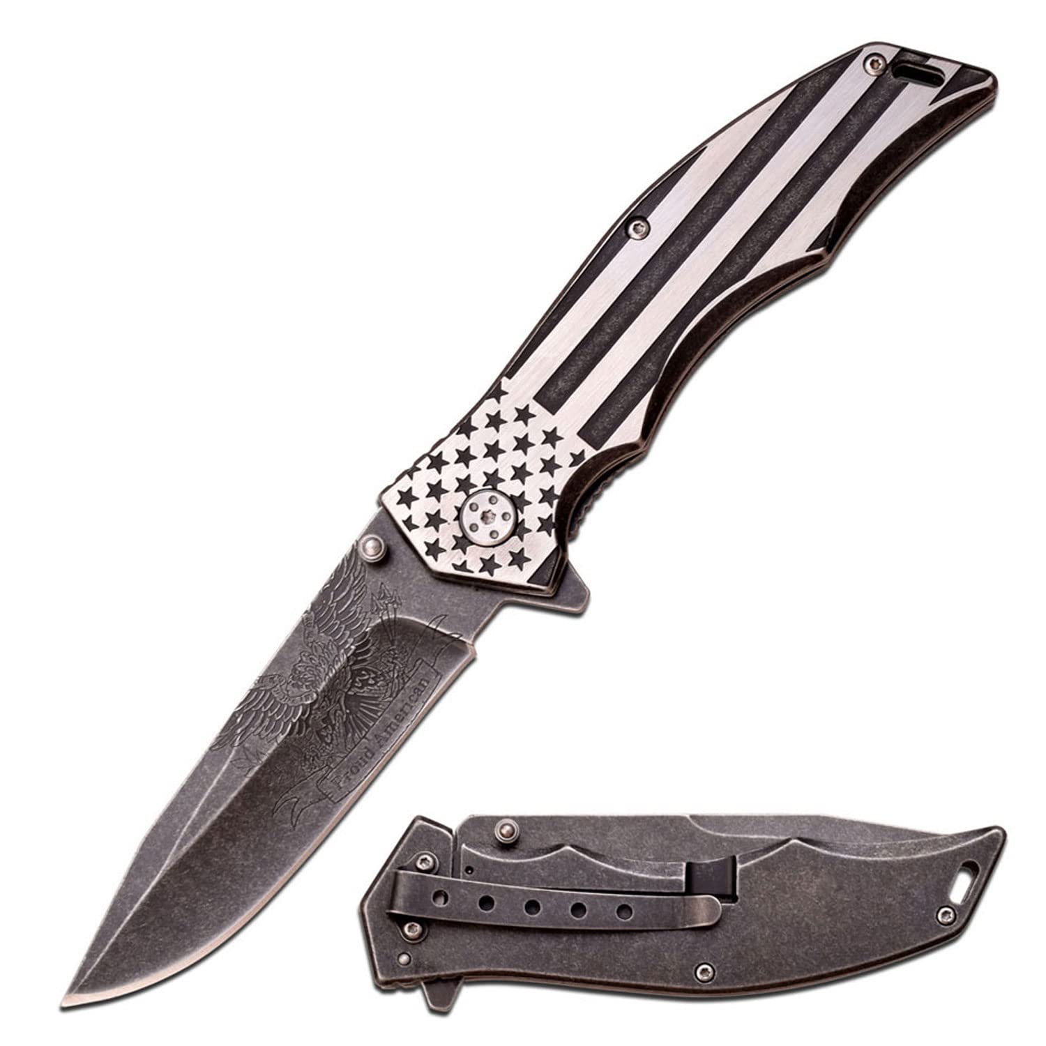 MTech USA Xtreme – Spring Assisted Folding Knife – Stonewashed Finish Fine Edge Blade w/ Proud American Eagle Etching, Two-Tone American Flag Stainless Steel Handle, EDC, Tactical – MX-A849AE