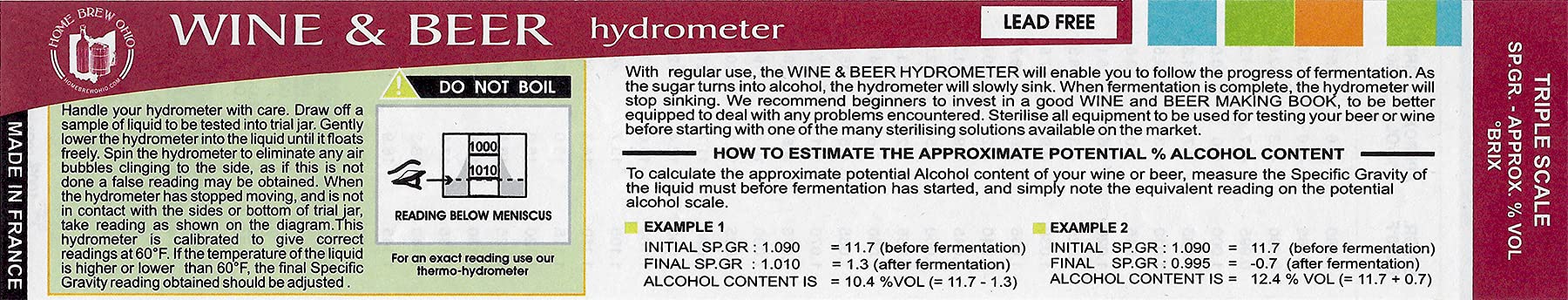 Home Brew Ohio Hydrometer, Triple Scale