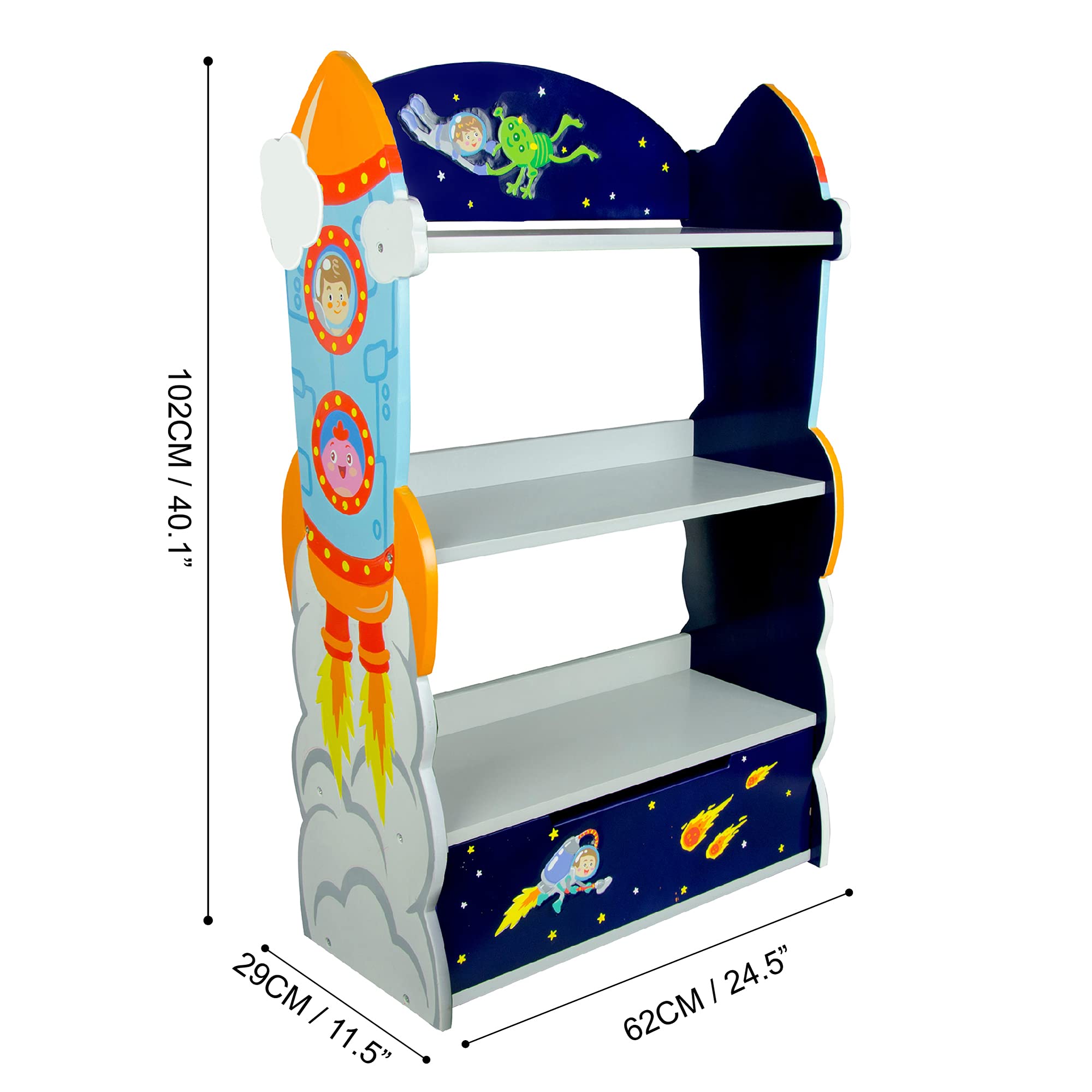 Fantasy Fields Outer Space 3 Tier Kids Bookcase, Wooden Kids Book Shelf with Hand Crafted Designs and Toy Storage Drawer, Blue