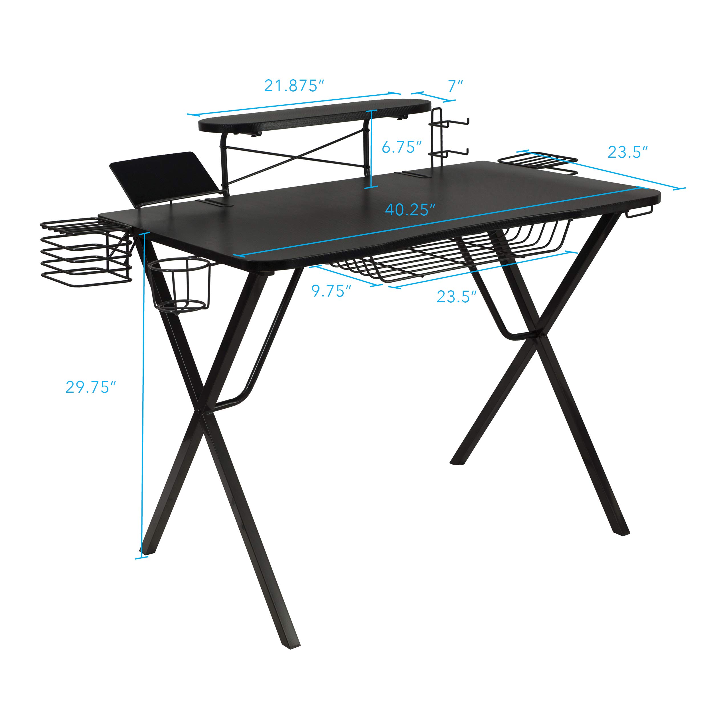 Atlantic Gaming Desk with Carbon-Fiber Desktop, X-Legs, Detachable Monitor Platform, Tablet/Phone Holder, Speaker Stands - Black