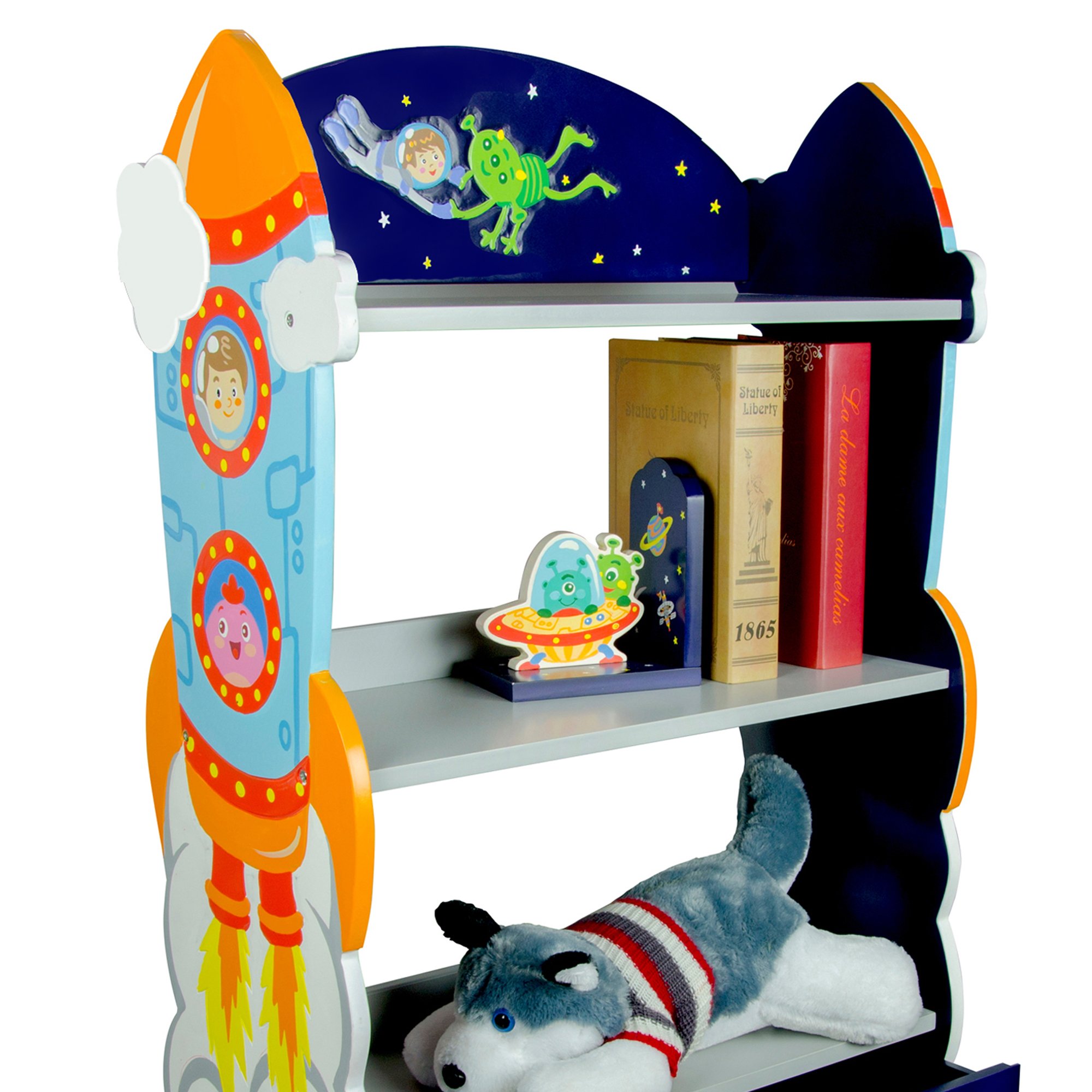 Fantasy Fields Outer Space 3 Tier Kids Bookcase, Wooden Kids Book Shelf with Hand Crafted Designs and Toy Storage Drawer, Blue