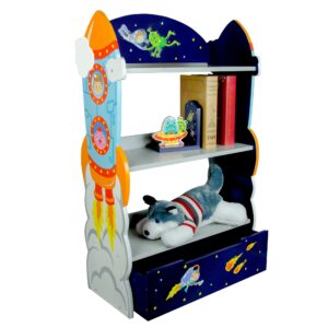 Fantasy Fields Outer Space 3 Tier Kids Bookcase, Wooden Kids Book Shelf with Hand Crafted Designs and Toy Storage Drawer, Blue