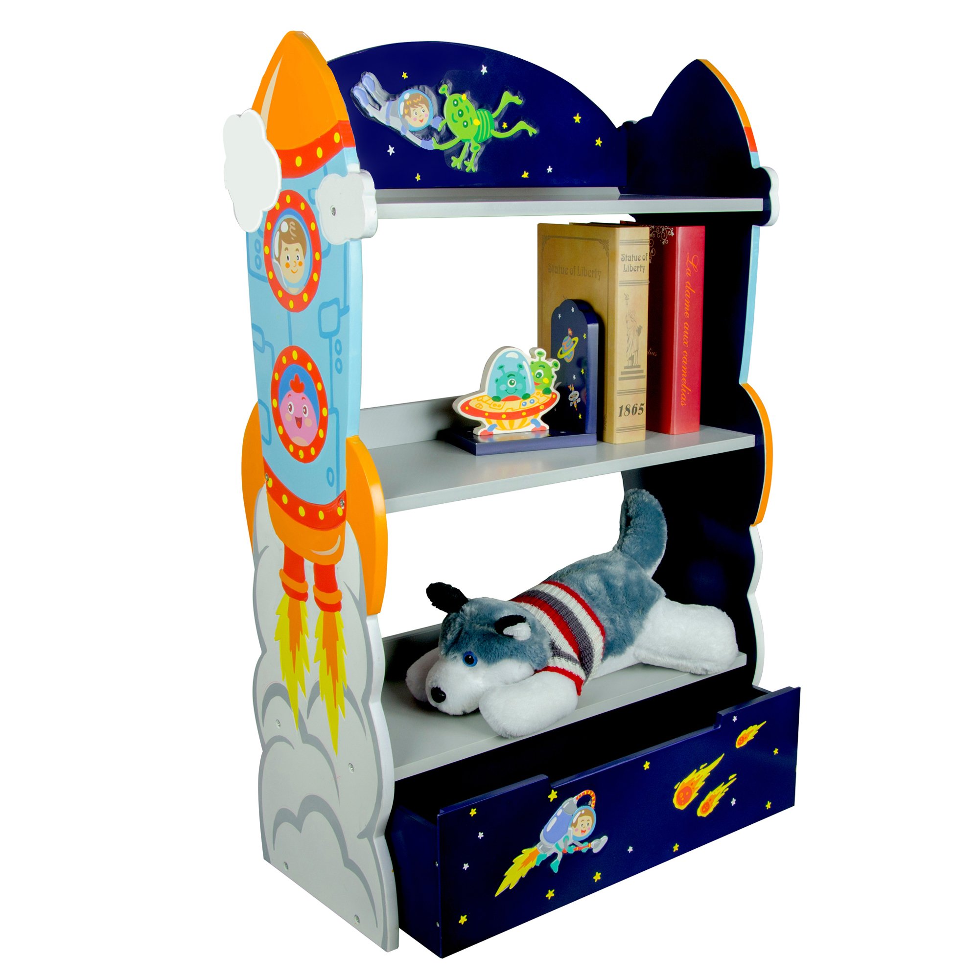 Fantasy Fields Outer Space 3 Tier Kids Bookcase, Wooden Kids Book Shelf with Hand Crafted Designs and Toy Storage Drawer, Blue