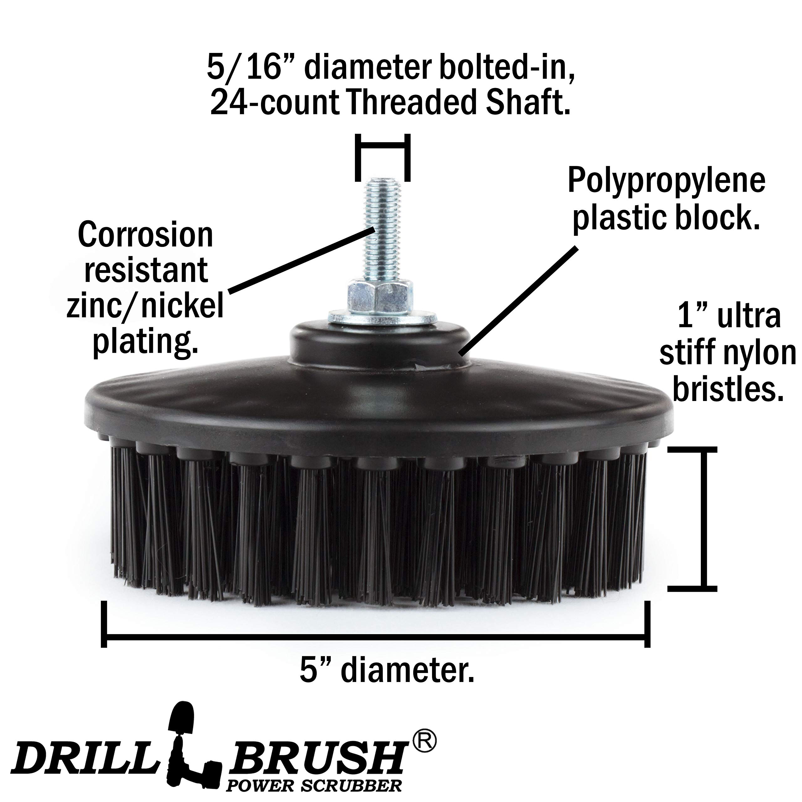 Industrial 5-Inch Threaded 5/16x24 Ultra Stiff Drill Scrub Brush - Dual Action Polisher - Electric Power Drill Brush Attachment - Contractor Cleaning Supplies - Electric Spin Scrubber for Oil Stains