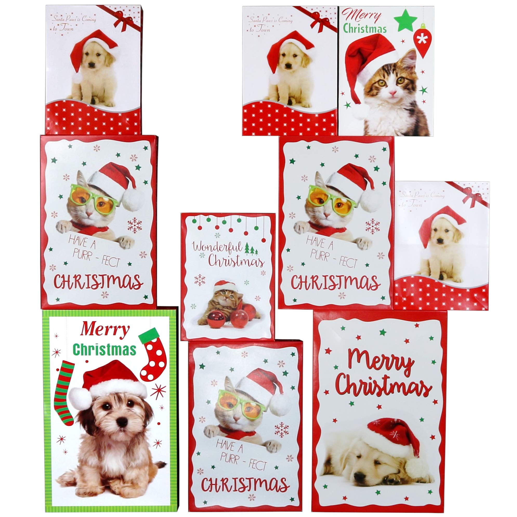 Iconikal Printed Gift Boxes for Christmas, Shirt, Robe, Lingerie, Hat, Gloves, Santa Paws Pets Design, 3-Sizes, Small, Medium and Large 10-Pack